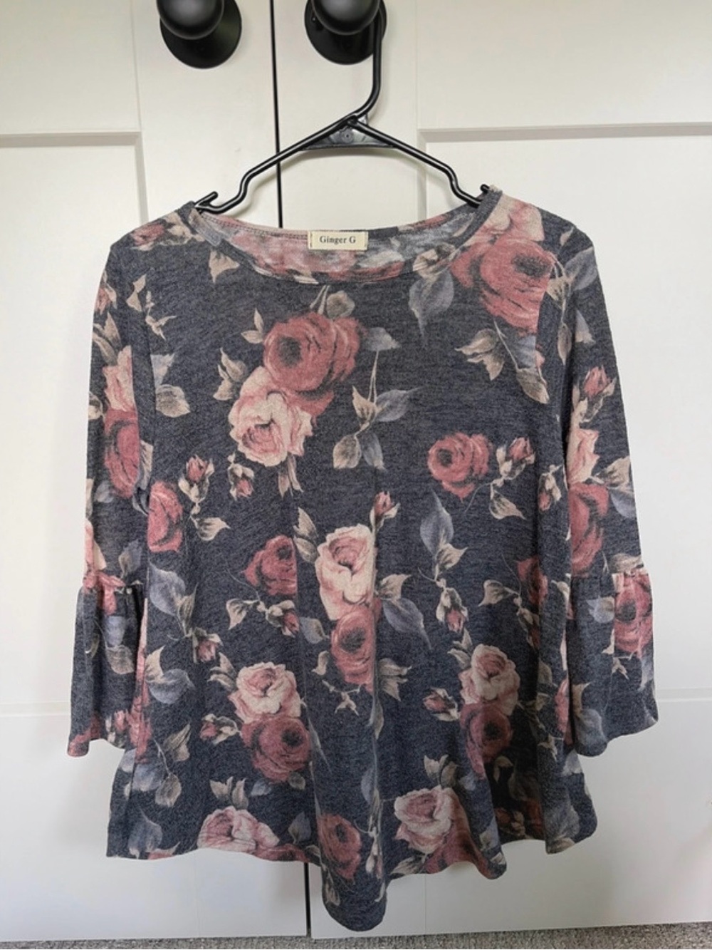 Ginger G Navy Floral Ruffle-Sleeve Tunic with Pink Roses